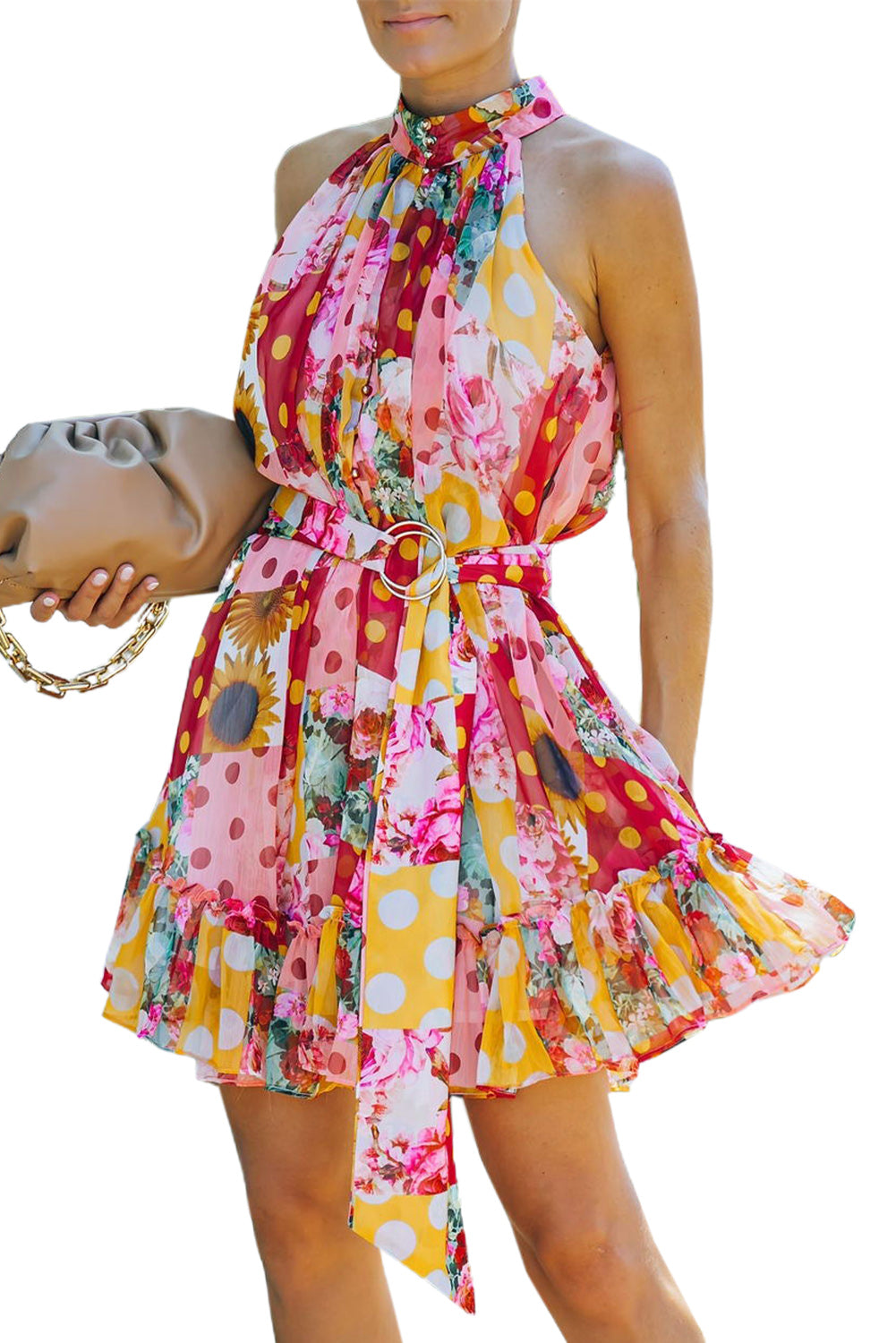 Womens Floral Polka Dot Print Ruffled Sleeveless Mini Dress with Belt
