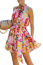 Load image into Gallery viewer, Womens Floral Polka Dot Print Ruffled Sleeveless Mini Dress with Belt
