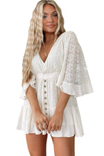 Load image into Gallery viewer, White Mini Dress V Neck Lace Crochet Bell Sleeve Dress
