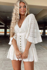 Load image into Gallery viewer, White Mini Dress V Neck Lace Crochet Bell Sleeve Dress
