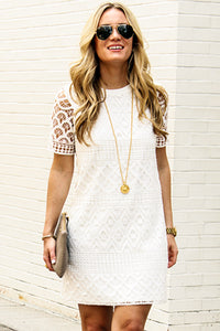 White Formal Dresses Lace Crochet Short Sleeve Mini Dress