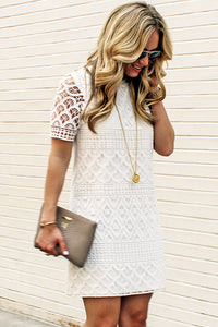 White Formal Dresses Lace Crochet Short Sleeve Mini Dress