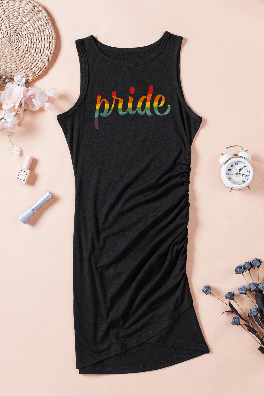 Women's Rainbow Pride Print Ruched Mini Dress Bodycon Party Club Tank Dresses