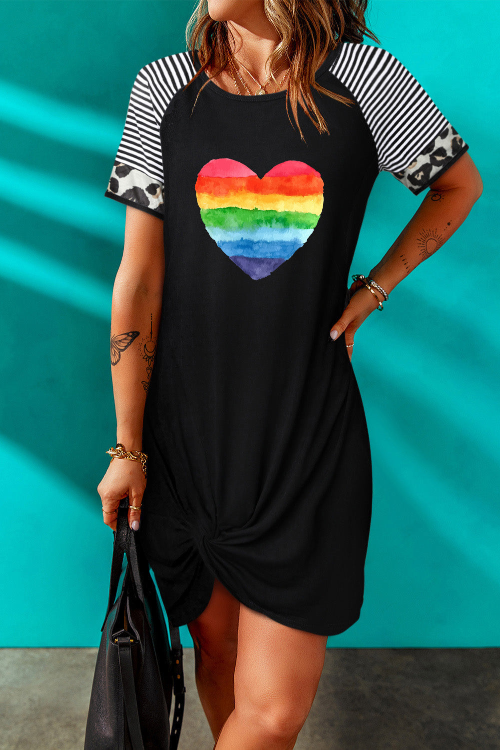 Womens Pride Rainbow Heart Shape Mini Dress Striped Short Sleeve Dresses