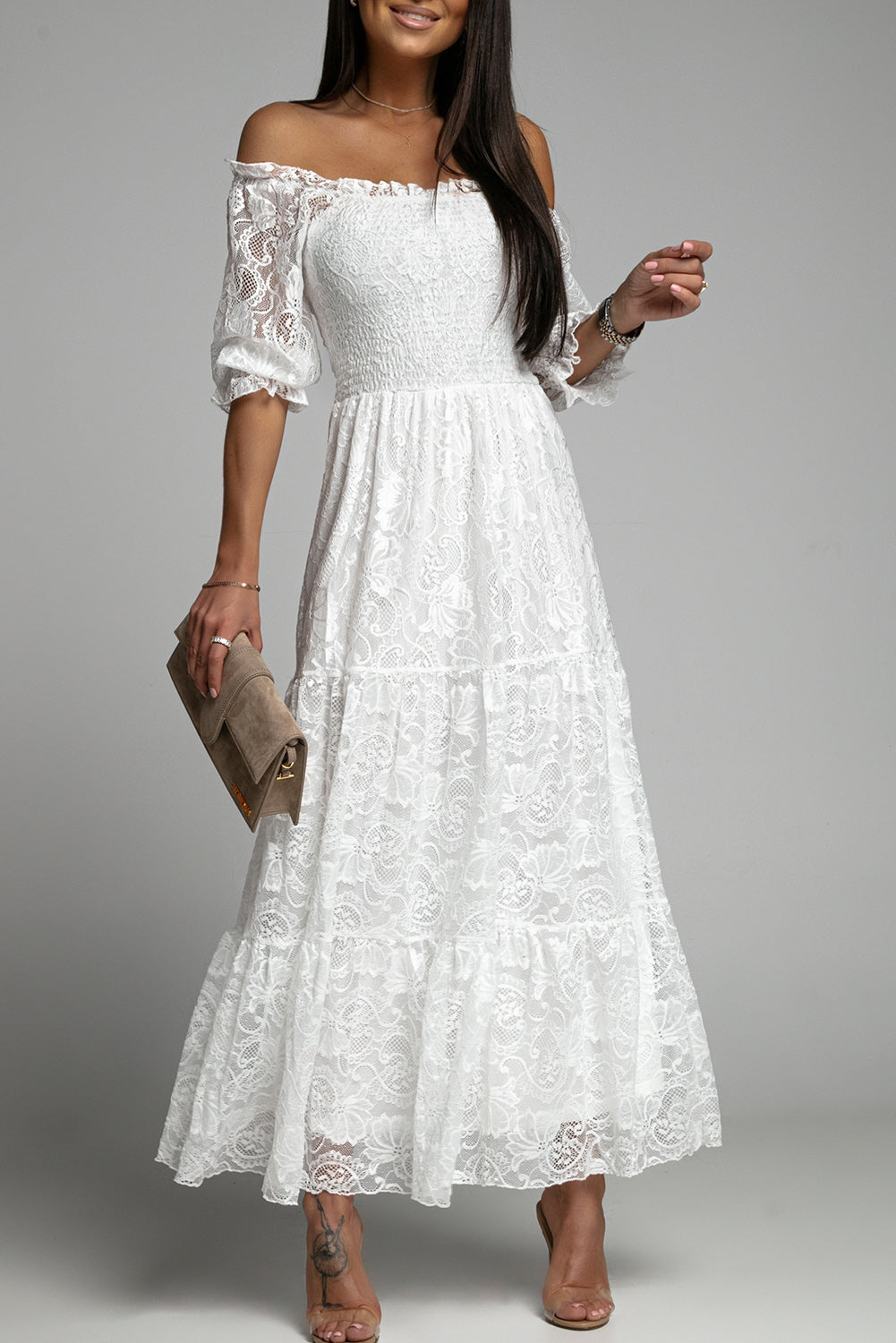 White Prom Dress Smocked Lace Maxi Dress for Women