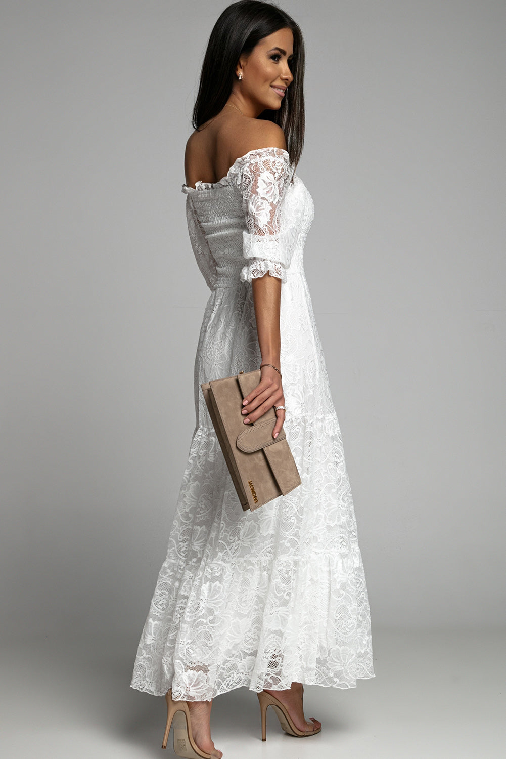 White Prom Dress Smocked Lace Maxi Dress for Women