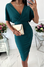 Load image into Gallery viewer, Bat Sleeve V Neck Ruched Midi Dress
