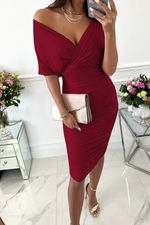 Load image into Gallery viewer, Bat Sleeve V Neck Ruched Midi Dress
