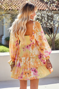Square Neck Puffy Sleeve Tiered Floral Flowy A Line Short Dress