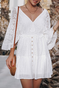 White Mini Dress V Neck Lace Crochet Bell Sleeve Dress