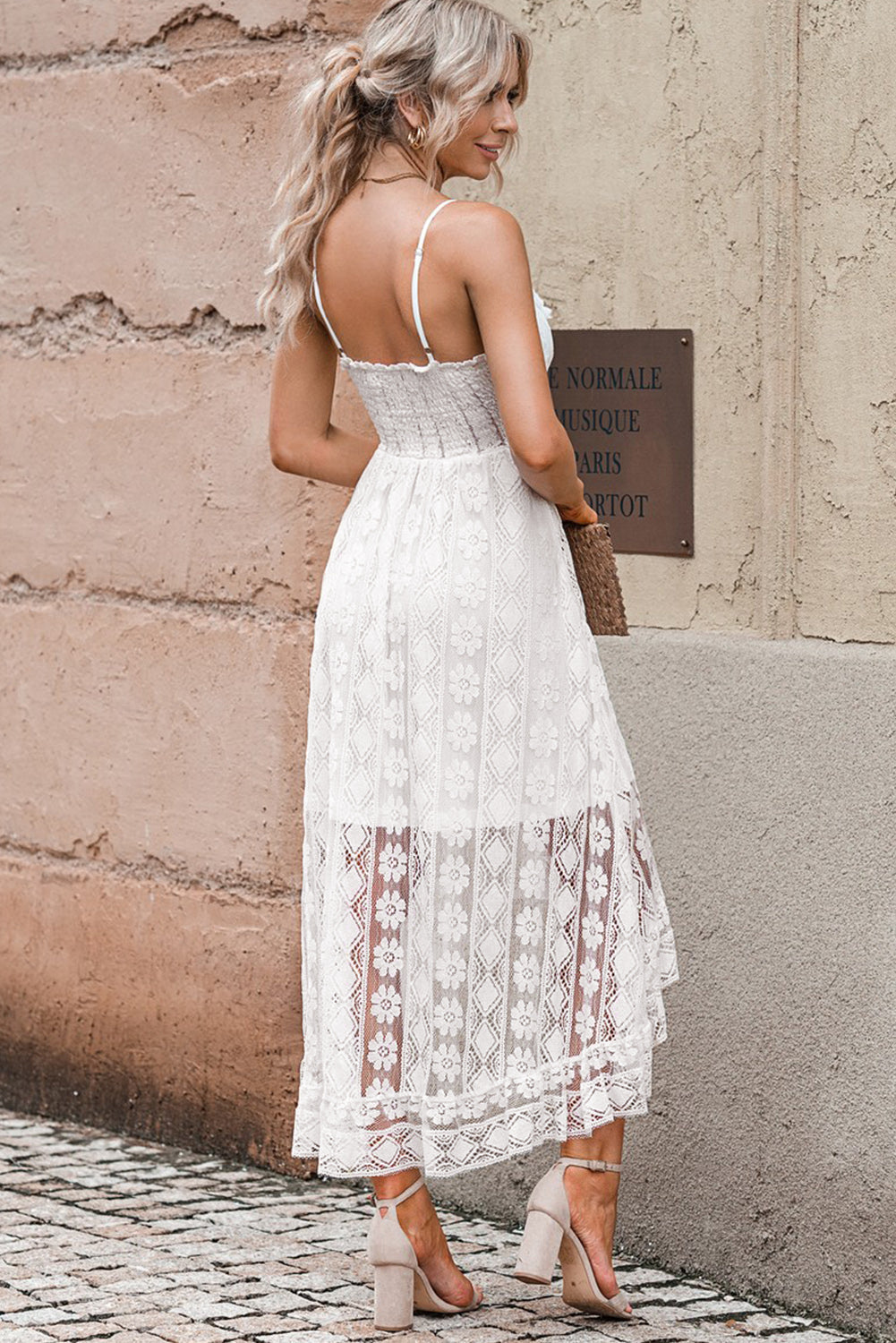 White Flowy Dress Sleeveless Lace Prom Gown Evening Dress
