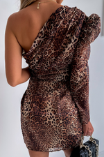 Load image into Gallery viewer, Animal Print One Shoulder Mini Dress
