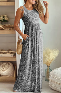 Women's Summer Sleeveless Loose Maxi Dress Leopard Print Pocketed Long Dress