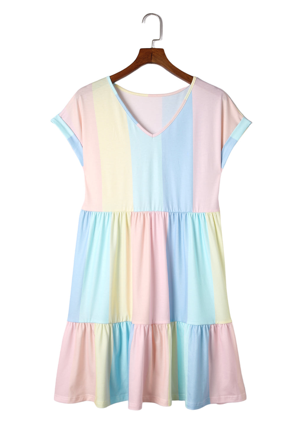 V Neck Short Sleeve Mini Dress Striped Color Block Tiered A-Line Swing Short Dresses