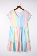 Load image into Gallery viewer, V Neck Short Sleeve Mini Dress Striped Color Block Tiered A-Line Swing Short Dresses
