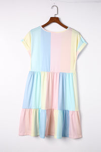 V Neck Short Sleeve Mini Dress Striped Color Block Tiered A-Line Swing Short Dresses