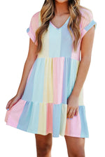Load image into Gallery viewer, V Neck Short Sleeve Mini Dress Striped Color Block Tiered A-Line Swing Short Dresses
