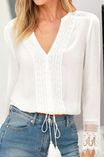 Load image into Gallery viewer, V Neck Lace Tassel Blouse
