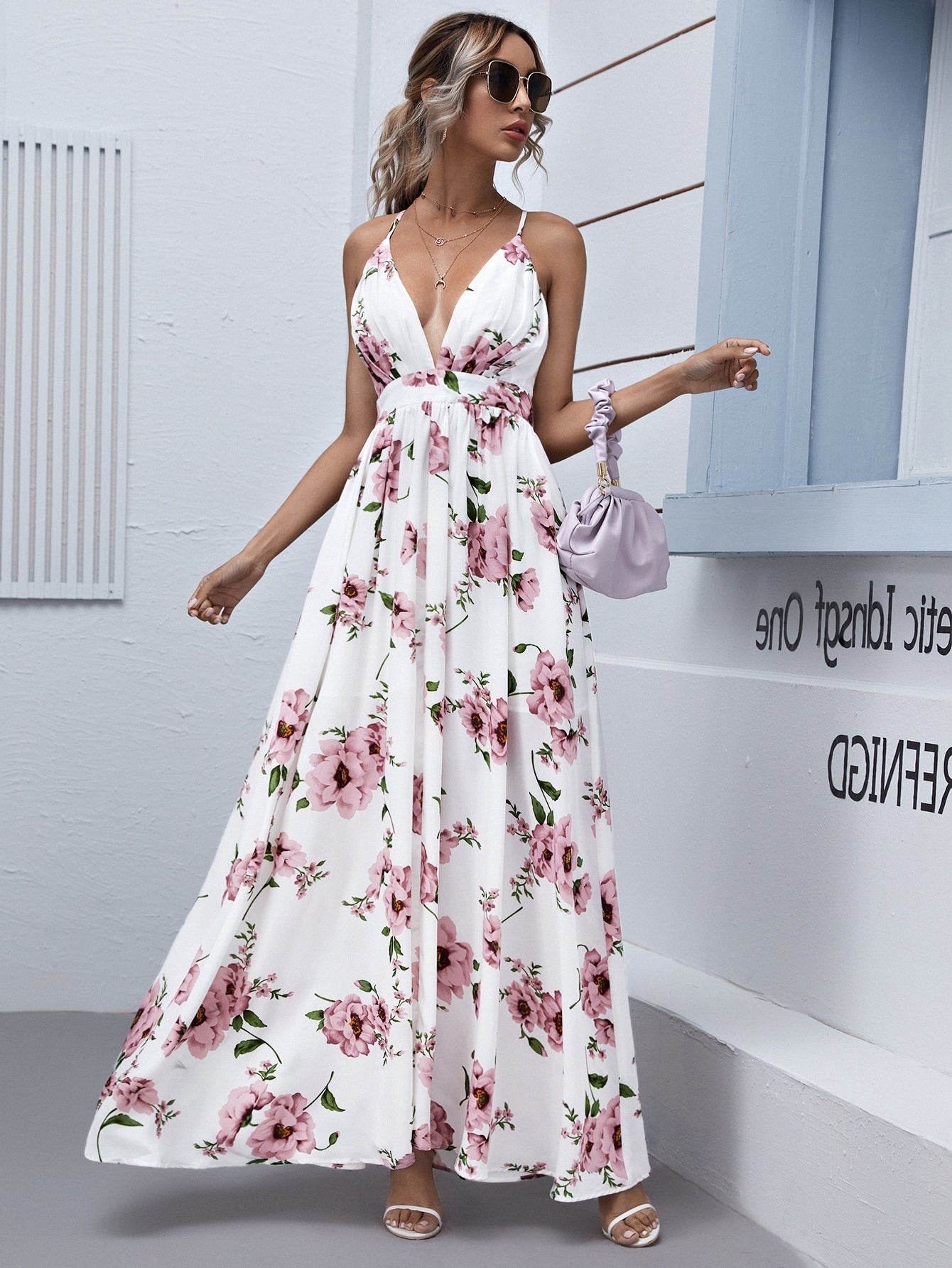 Crisscross Backless Plunging Neck Floral Dress