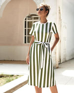 Load image into Gallery viewer, Round Neck Belt Striped Mid Dress
