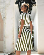 Load image into Gallery viewer, Round Neck Belt Striped Mid Dress
