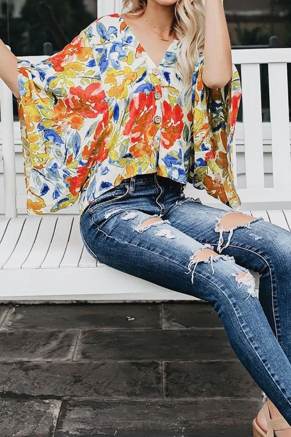 Floral Batwing Sleeve Buttons Top