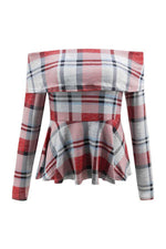 Load image into Gallery viewer, Off The Shoulder Plaid Ruffle Tee
