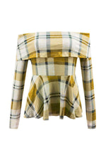 Load image into Gallery viewer, Off The Shoulder Plaid Ruffle Tee
