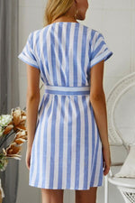 Load image into Gallery viewer, Summer Blue Striped Dress With Belt
