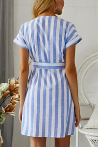 Summer Blue Striped Dress With Belt