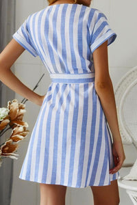 Summer Blue Striped Dress With Belt