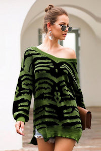 Printed Slit Loose Long-Sleeved Sweater
