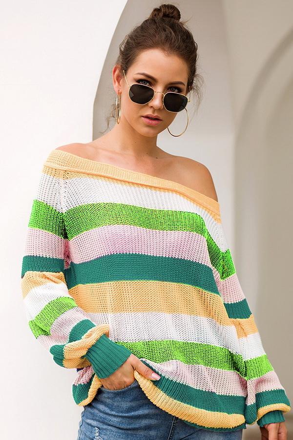 Off-The-Shoulder Stitching Loose Sweater