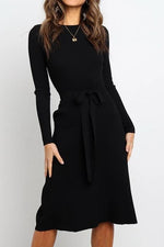 Load image into Gallery viewer, Round Neck Belt Long-Sleeved Dress
