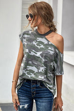 Load image into Gallery viewer, Camouflage Off One Shoulder T-Shirt
