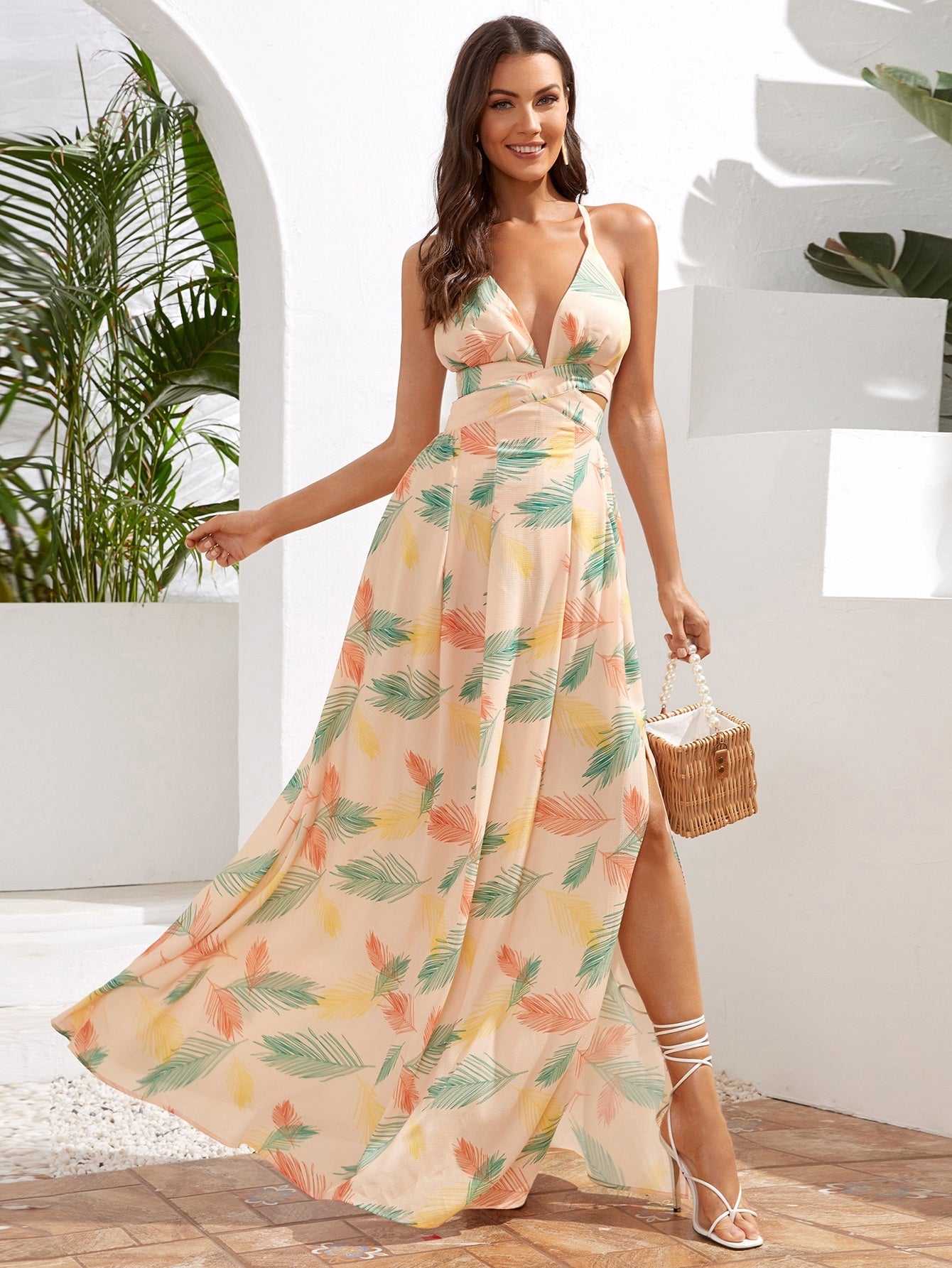 Back Tropical Print Lace Up Dress