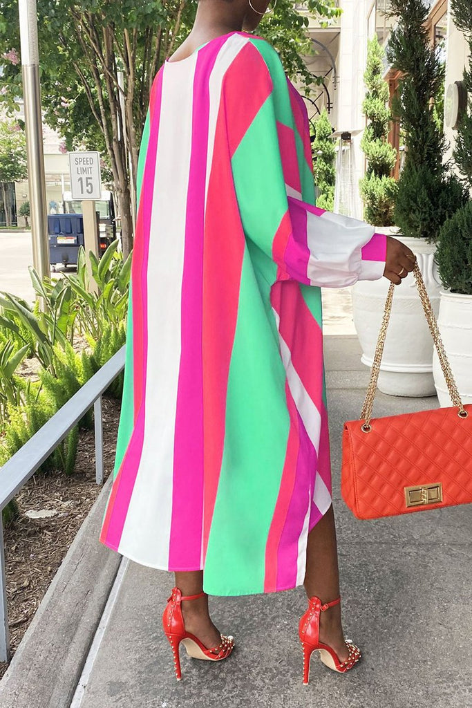 Rainbow Striped Asymmetric Hem Maxi Dress