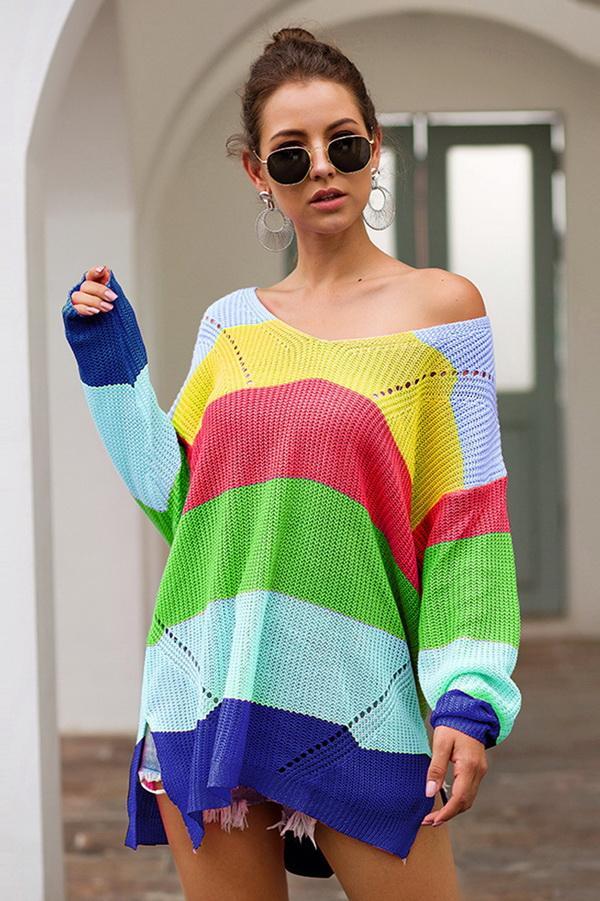 Rainbow Colorblock Loose Long Sleeve Sweater