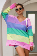 Load image into Gallery viewer, Rainbow Colorblock Loose Long Sleeve Sweater

