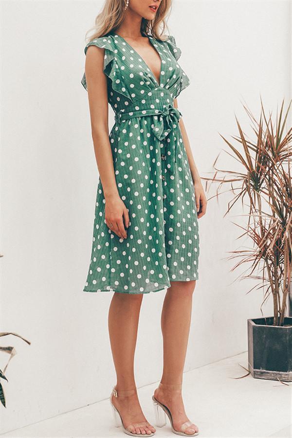 V-Neck Polka Dot Green Ruffle Summer Dress