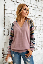 Load image into Gallery viewer, V-Neck Print Striped Zipper Sweater
