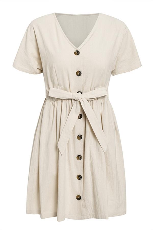 V-Neck Short Sleeve Cotton Linen Shirt Dress