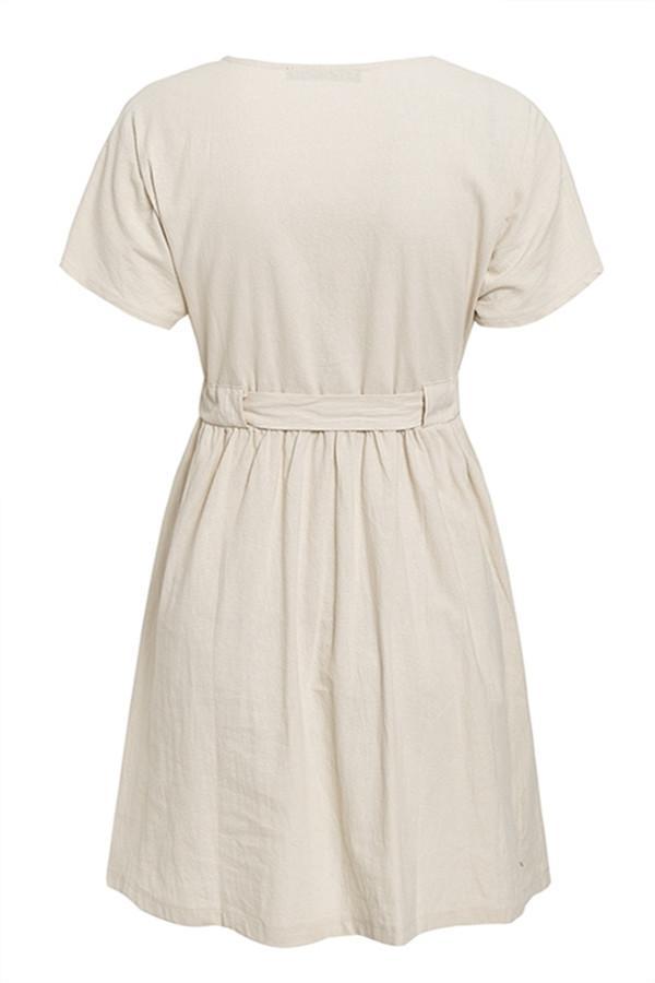 V-Neck Short Sleeve Cotton Linen Shirt Dress
