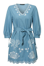 Load image into Gallery viewer, V Neck Embrodiery Denim Dress
