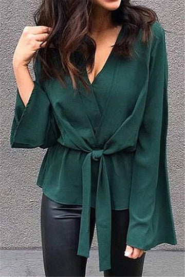 Solid Color V-Neck Knot Blouse