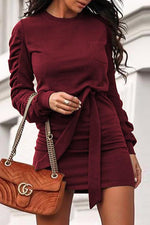 Load image into Gallery viewer, Wrinkle Long Sleeve Belted Mini Dress
