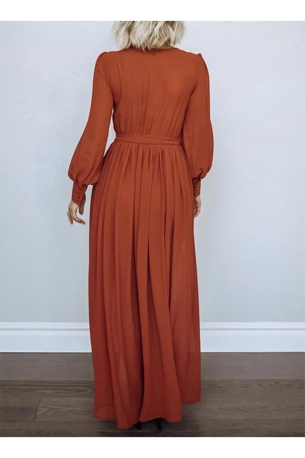 RUST LONG SLEEVES BELTED MAXI DRESS