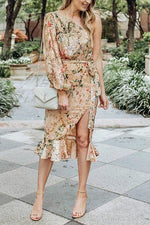 Load image into Gallery viewer, One Shoulder Print Split Ruffle Calf Length Dress
