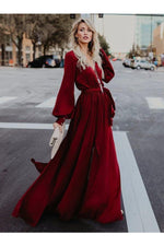 Load image into Gallery viewer, Long Sleeves Belted V-Neck Maxi Dress
