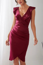 Load image into Gallery viewer, Ruched Ruffles V Neck Slit Bodycon Dress
